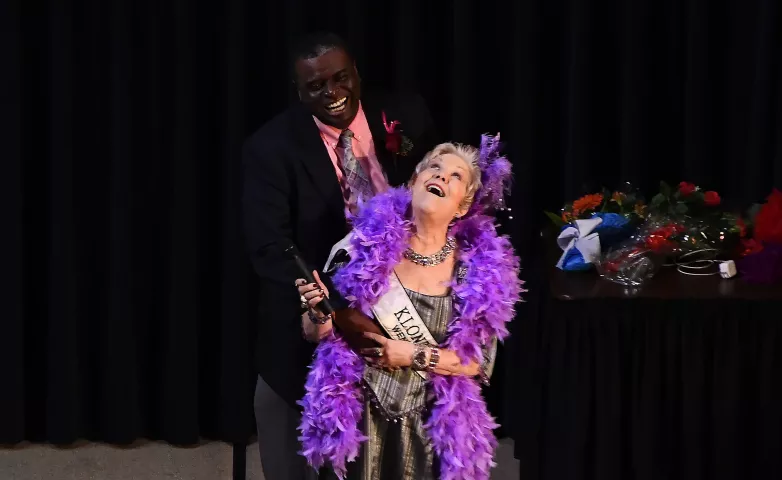 2001 Klondike Kate Windy Miller sings a song with WCCO TV reporter Reg Chapman during the 2019 Klondike Kate contest at the at the Landmark Center in St. Paul on Wednesday, Jan. 9, 2018. (John Autey / Pioneer Press)