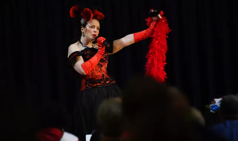 Contestant Shelly Pabst performs during the 2019 Klondike Kate contest at the at the Landmark Center in St. Paul on Wednesday, Jan. 9, 2018. Pabst, a South St. Paul native animal lover and avid yarn crafter can't wait to be under the spotlights again. (John Autey / Pioneer Press)