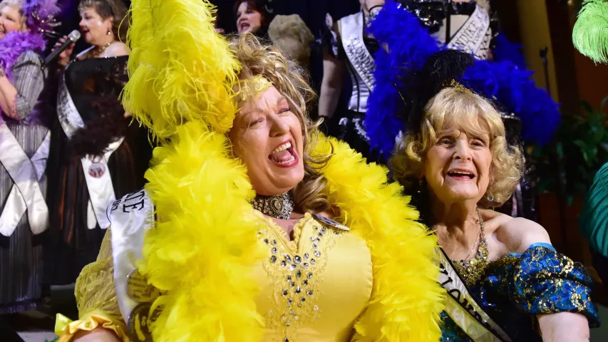 92 year-old 1996 Klondike Kate, Phyllis Chickett, right, and Shar Salisbury, 1997 Klondike Kate, sing along with the former Klondikes Kates as the ladies entertain the crowd during the 2019 Klondike Kate contest at the at the Landmark Center in St. Paul on Wednesday, Jan. 9, 2018. (John Autey / Pioneer Press)