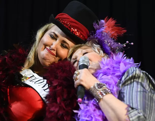 2018 Klondike Kate: Natalia Hemingway, left, and 2001 Klondike Kate: Windy Miller perform during the 2019 Klondike Kate contest at the at the Landmark Center in St. Paul on Wednesday, Jan. 9, 2018. (John Autey / Pioneer Press)