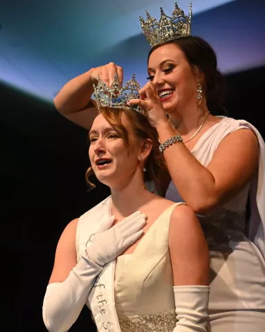Kirstin Knutson, the 2020 Aurora, Queen of the Snows, is crowned by the 2019 Aurora, Queen of the Snows, Alison Gunter, during the 2020 St. Paul Winter Carnival Royal Coronation at the RiverCentre Grand Ball Room in St. Paul on Friday, 24, 2020. (John Autey / Pioneer Press)