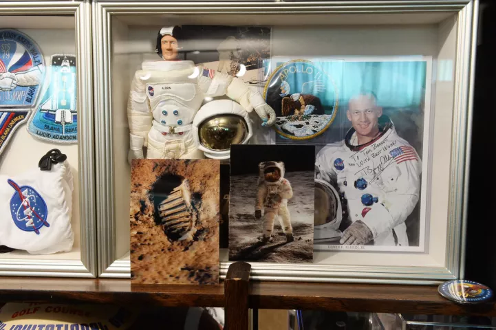 NASA memorabilia, including a photo signed "To Tom Barrett With Best Wishes, Buzz Aldrin" is among the collection of Tom Barrett, seen in the basement of his home on Wednesday, Jan. 12, 2022. (Scott Takushi / Pioneer Press)