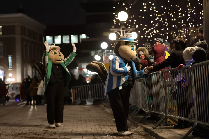 Even the State Fair gophers made an appearance, jumping around and greeting their fans at the Vulcan Victory Torchlight Parade Saturday, Feb. 5, 2022. (Hannah Hobus / Pioneer Press)