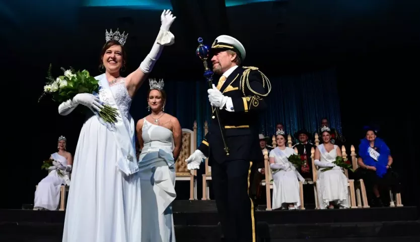Queen of the Snows, Effie Barnes and Boreas LXXXIV, Billy Given during the 2022 St. Paul Winter Carnival Royal Coronation at the Saint Paul RiverCentre on Friday, January 28, 2022. (John Autey / Pioneer Press)